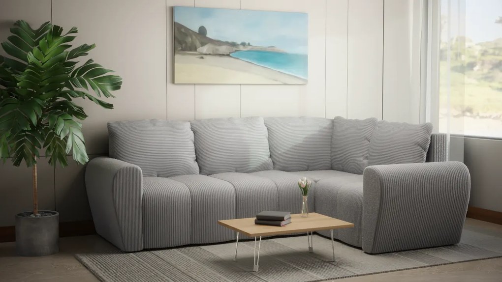 Komfortowa sofa narożna BUENO II z funkcją spania, tapicerowana w niebieskim kolorze, schowek pod siedziskiem