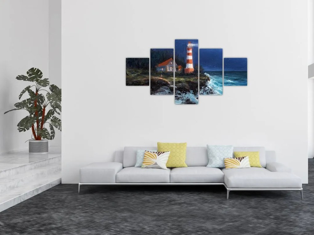 Obraz - Latarnia morska na brzegu oceanu, akwarela (125x70 cm)