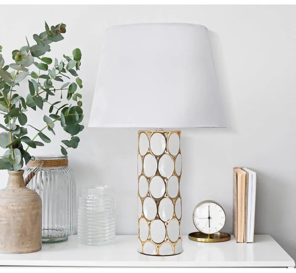 Ceramiczna lampa stołowa w biało-złotym kolorze z tekstylnym kloszem (wysokość 56 cm) Glam Carv – Mauro Ferretti