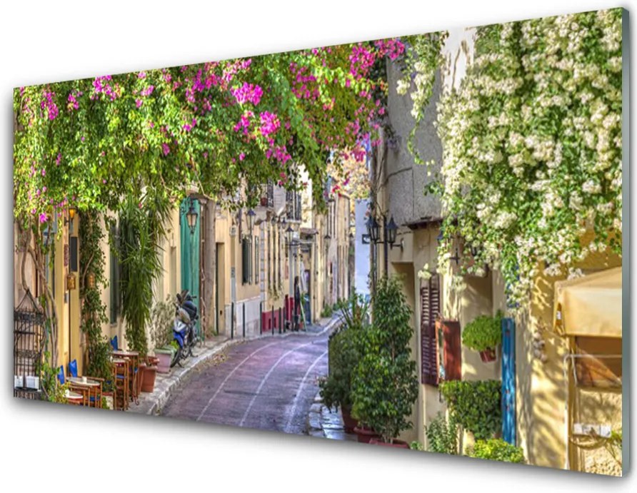 Panel Szklany do Kuchni Malownicza Uliczka w Kwiatach