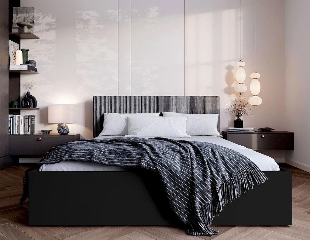 Czarne łóżko pojedyncze z materacem i zagłówkiem 90x200 T1-W26