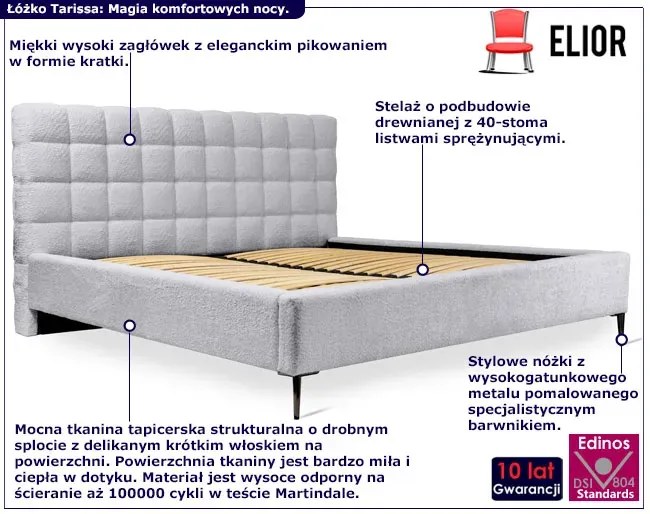 Popielate łóżko tapicerowane na metalowych nożkach P5-M47