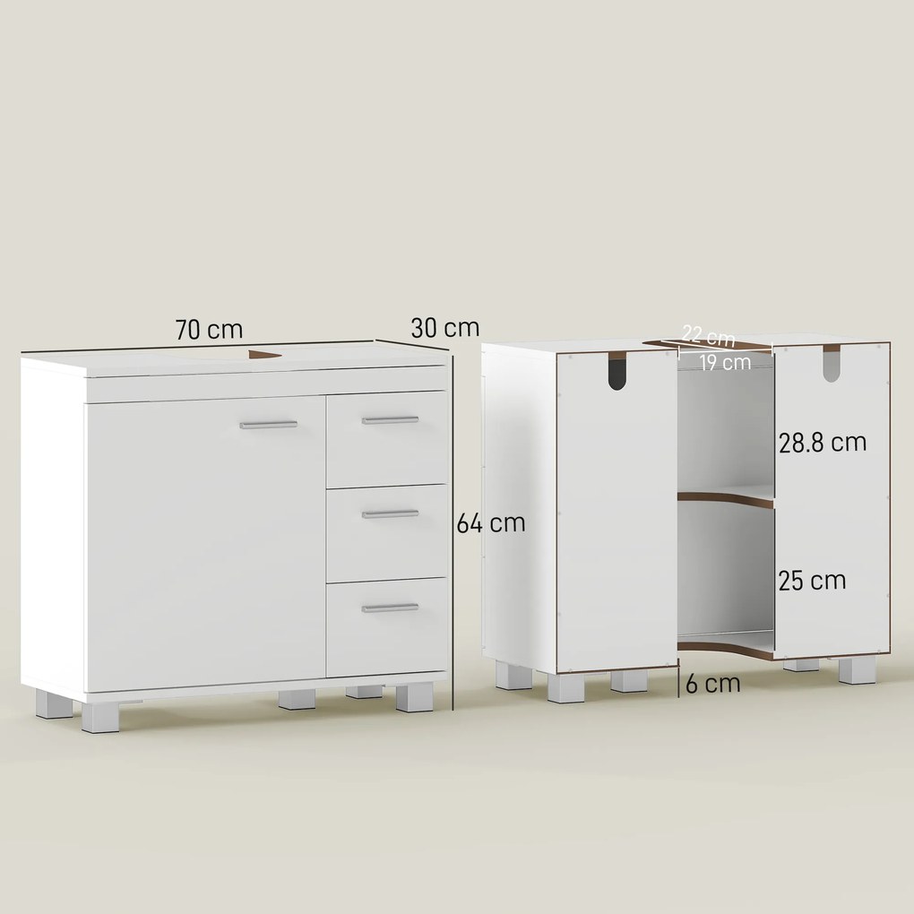 HOMCOM Szafka Pod Umywalkę - Biała Szafka Łazienkowa z 3 Szufladami i Regałem. Praktyczne Przechowywanie i Nowoczesny Design, 70 x 30 x 64 cm | Aosom PL