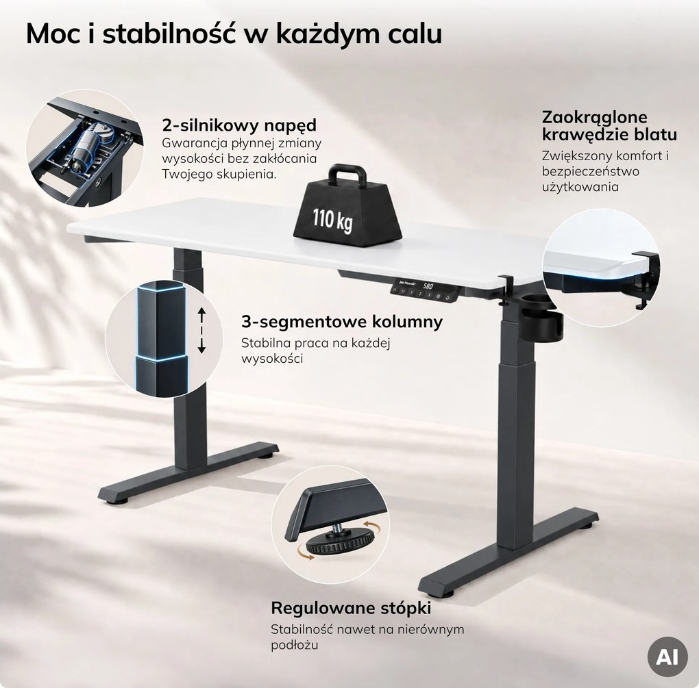 Biurko elektryczne z regulacją wysokości ergonomiczne antracytowo-białe, 1400x700 mm: ARIA