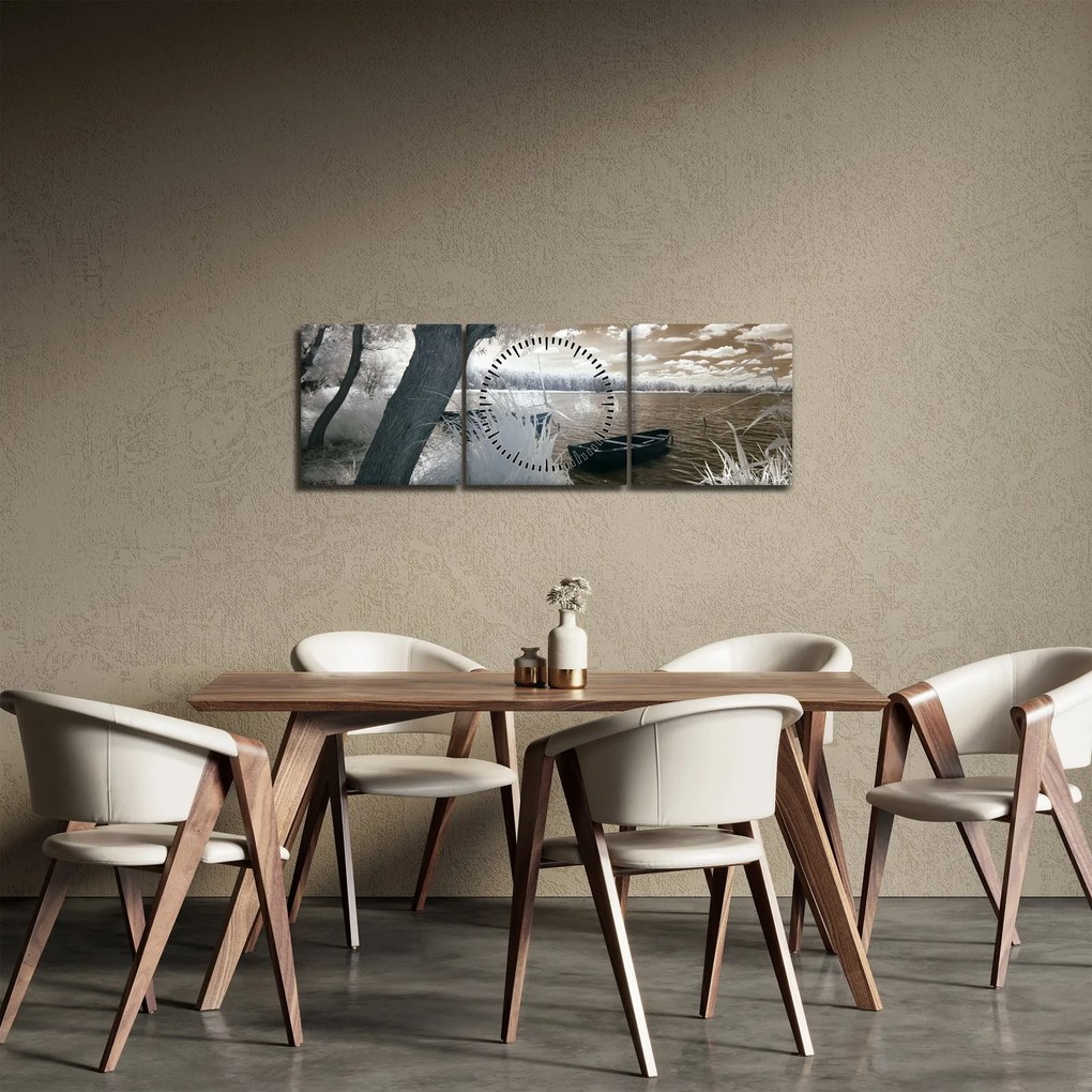 Obraz łodzi na jeziorze (z zegarem) (90x30 cm)