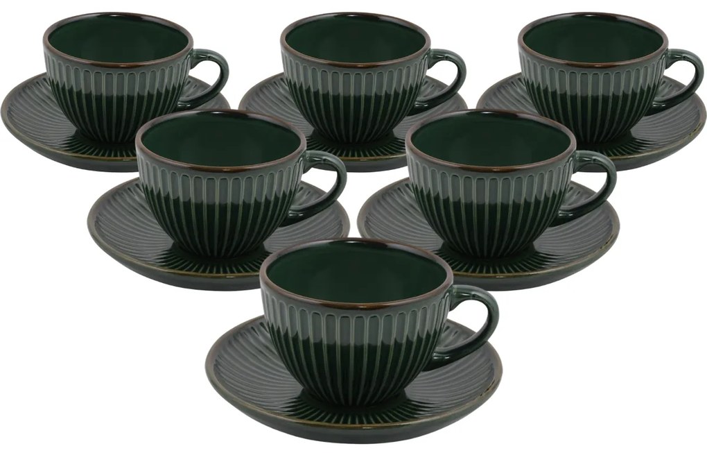 Zestaw 6 filiżanek ceramicznych ze spodkami Linea 210 ml, zielony