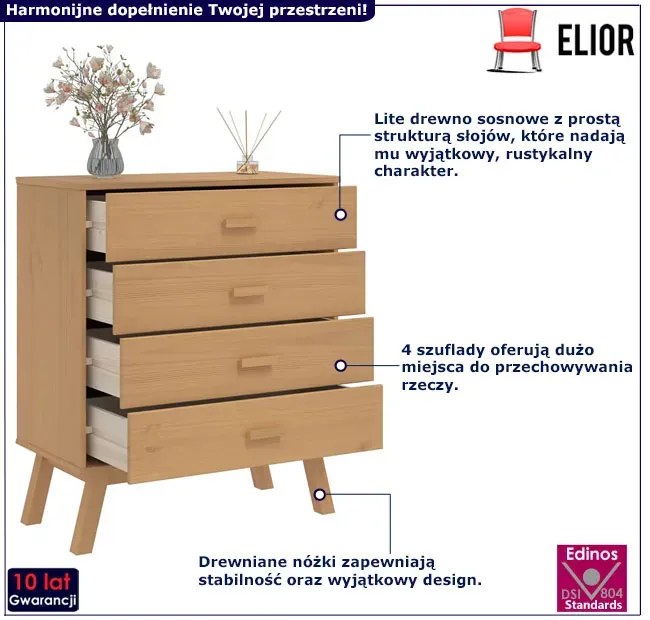 Sosnowa brązowa komoda z 4 szufladami - Hulgos 3X