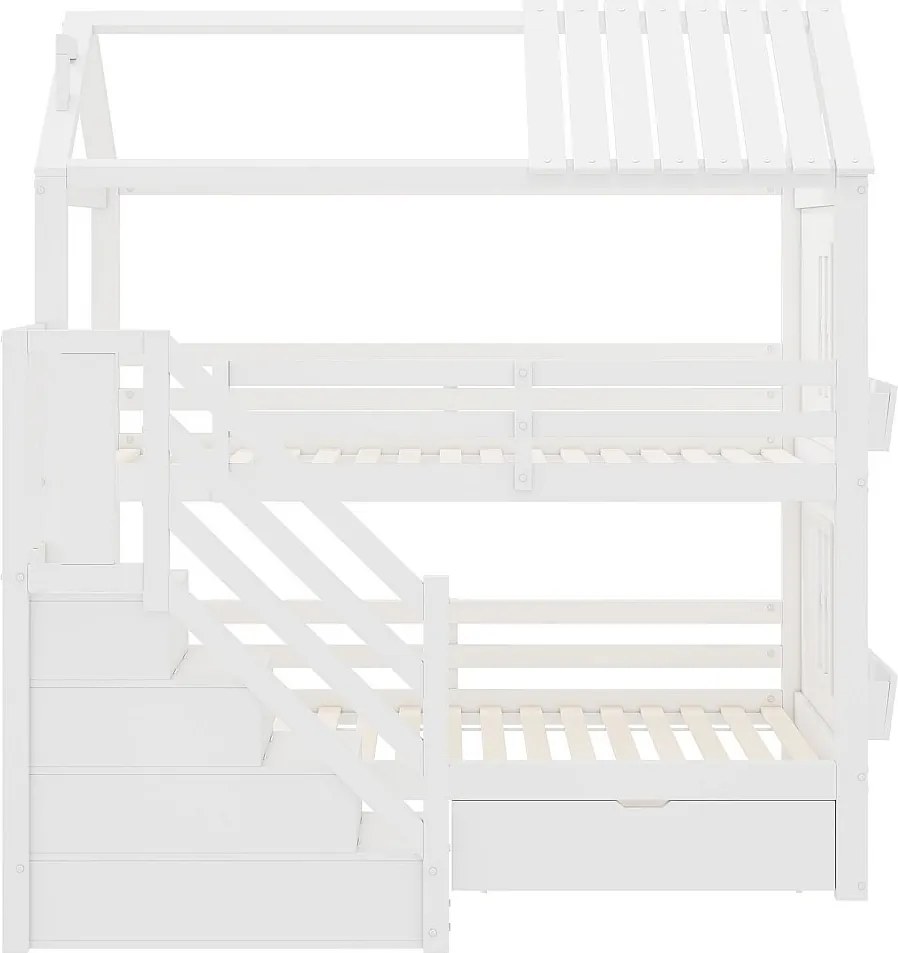 Łóżko piętrowe dla dzieci 90x200cm - z schodami do przechowywania + 2 szuflady + półki - z drewna sosnowego i MDF - Białe