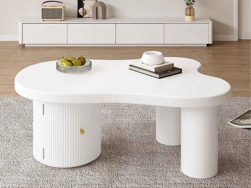 Asymetryczny stolik kawowy 100x60x37 cm - 1 okrągłe drzwi - z miejscem do przechowywania - biały
