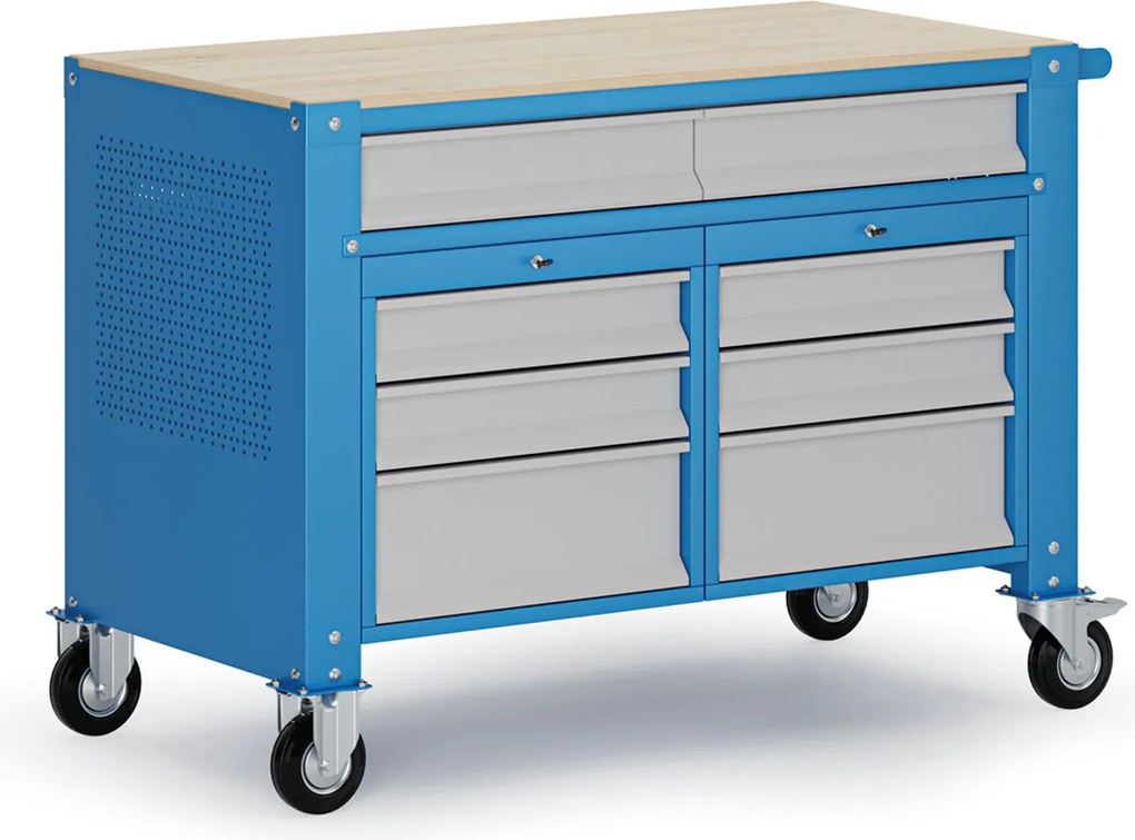 Mobilny stół warsztatowy G9, 8 szuflad, 1180 x 595 x 865-1130 mm, szary/niebieski