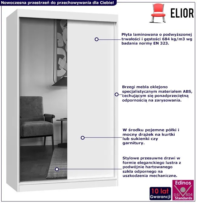 Biała garderoba dwudrzwiowa 120 cm z 1 lustrem L7-B53