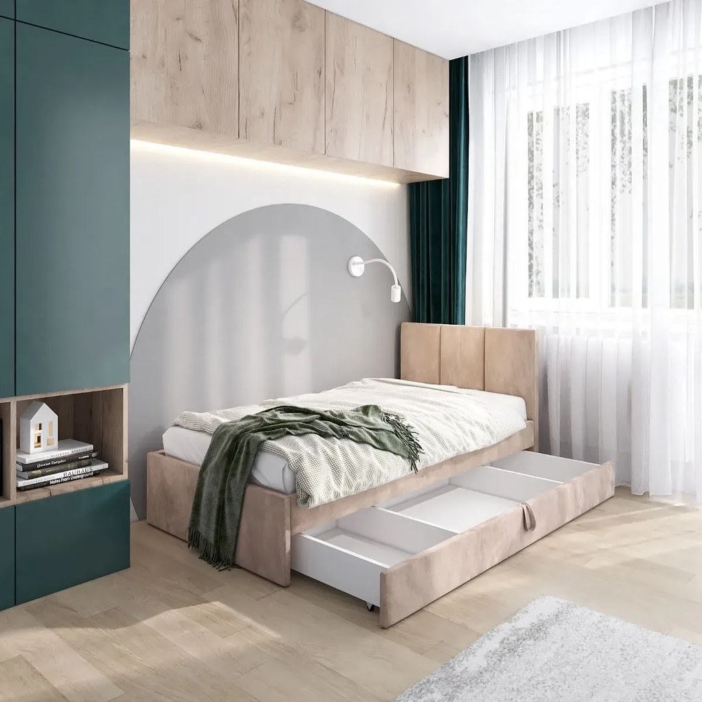 Łóżko młodzieżowe VIVO 2 120x200 beżowe z tapicerowanym panelem i szufladą MKPOL