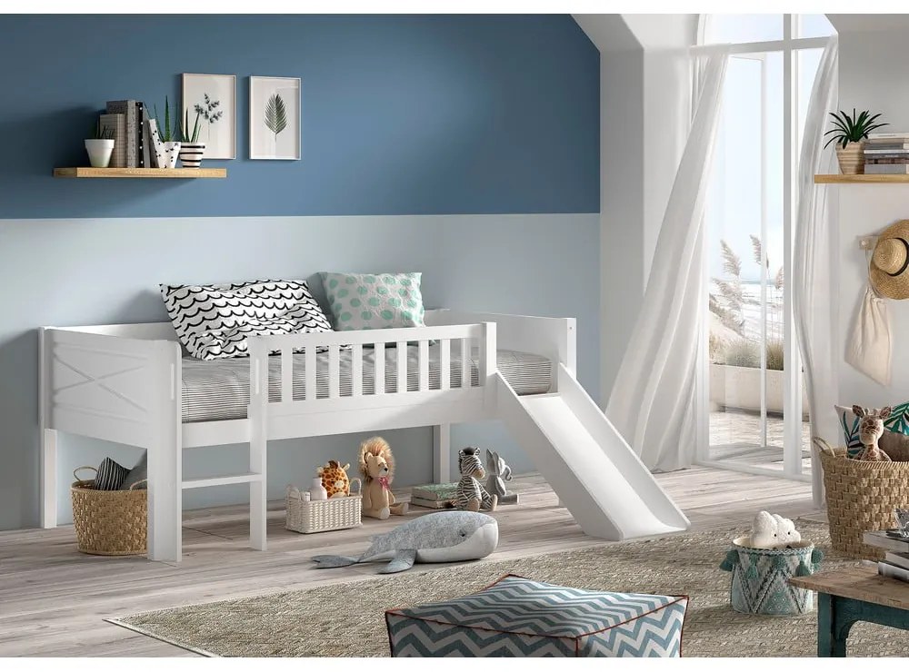 Białe podwyższone łóżko dziecięce z litego drewna sosnowego ze stelażem 90x200 cm Scott – Vipack