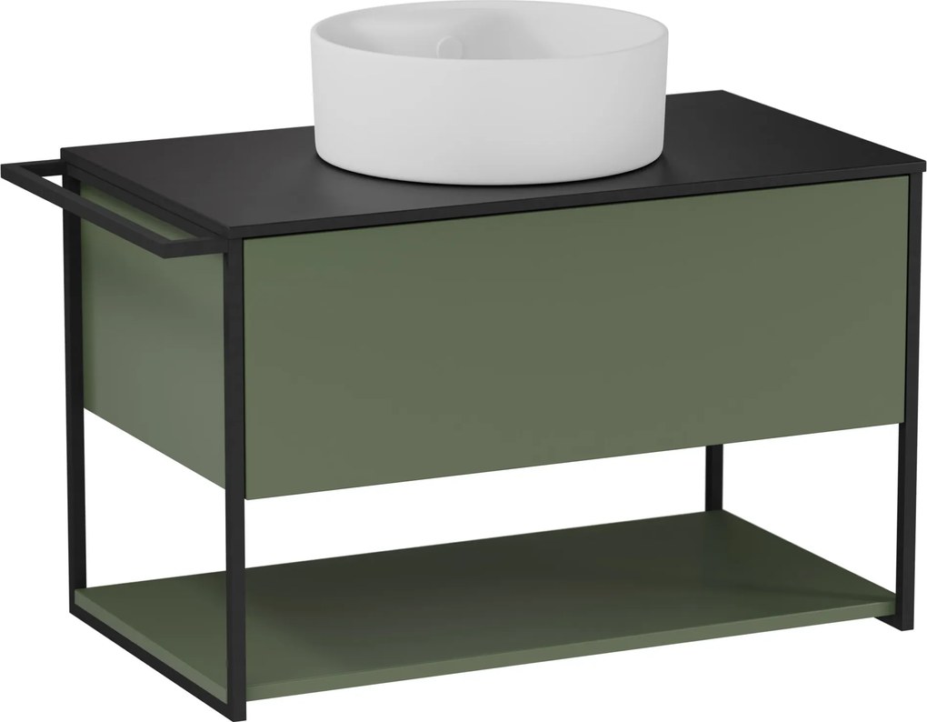 Szafka łazienkowa wisząca zielona loftowa 80 x 45 cm z czarnym blatem o strukturze kamienia VALO