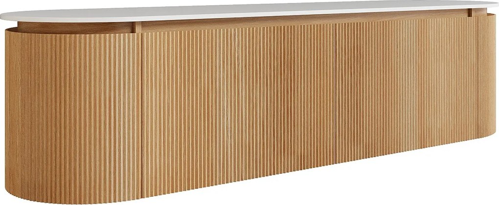 Wisząca szafka podumywalkowa z prążkowanego drewna jesionowego z blatem z matowego spiekanego kamienia – Jasny naturalny - szer. 180 cm - LILIKO