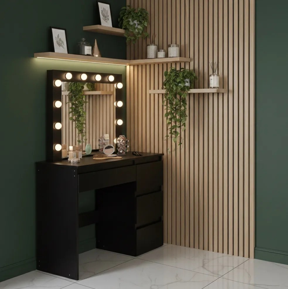 Toaletka z lustrem, oświetleniem i szufladami Claris DT06, czarna