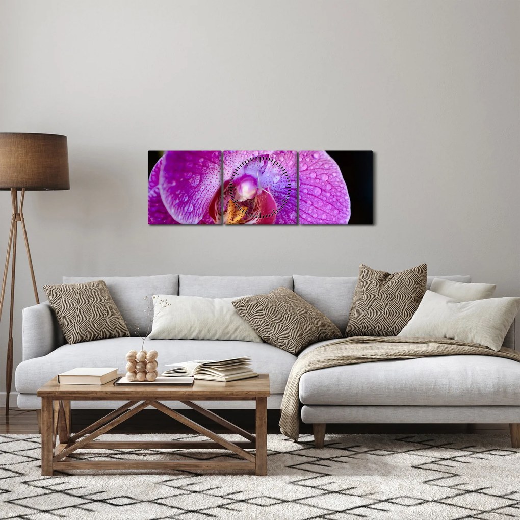 Zbliżenie kwiatu orchidei (z zegarem) (90x30 cm)