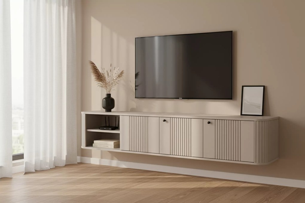 Szafka RTV wisząca Vesper 3D 187 cm - kaszmir / czarne uchwyty