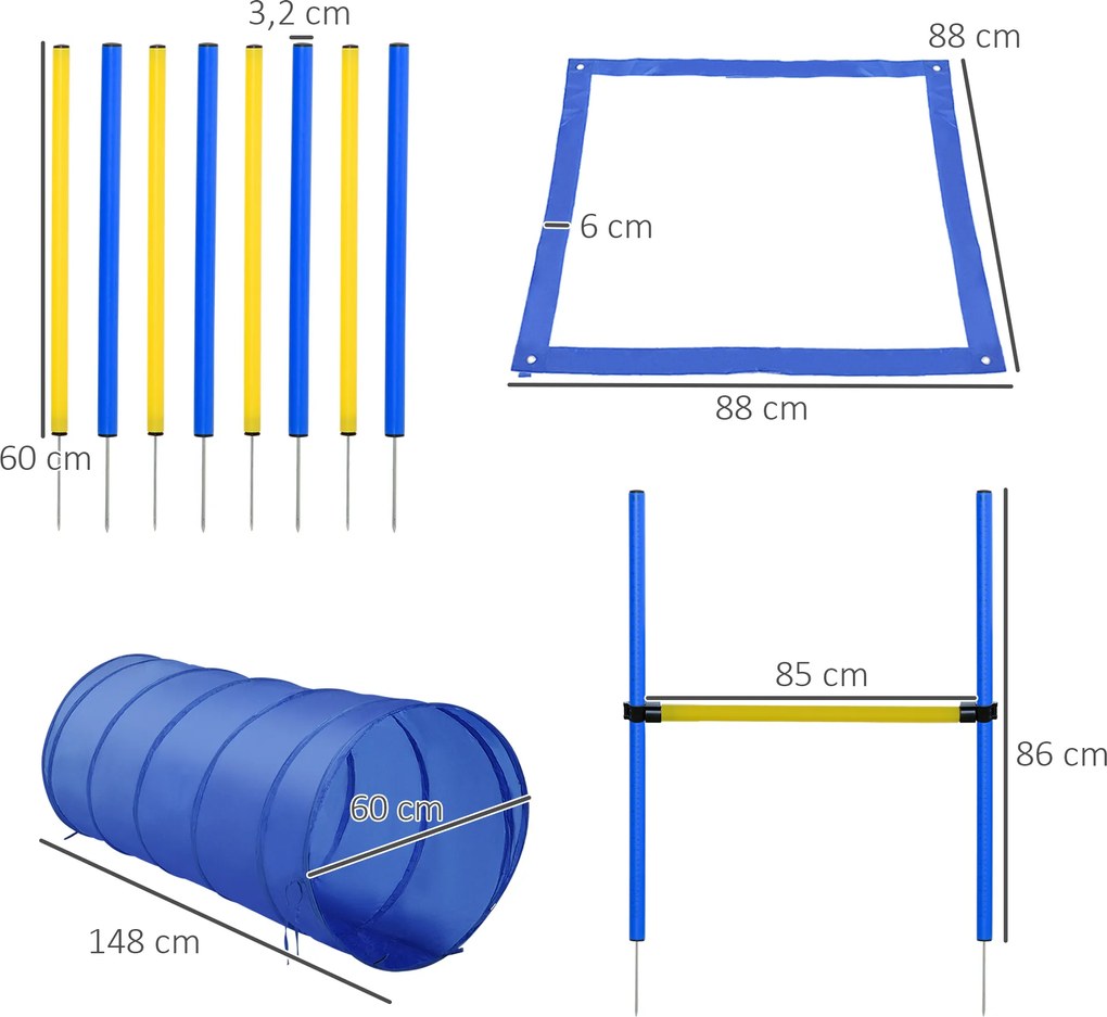 PawHut Tunel Agility i Słupki do Ćwiczeń dla Psów Zestaw Treningowy Sport dla Zwierząt 60x148cm Żółty Niebieski | Aosom PL