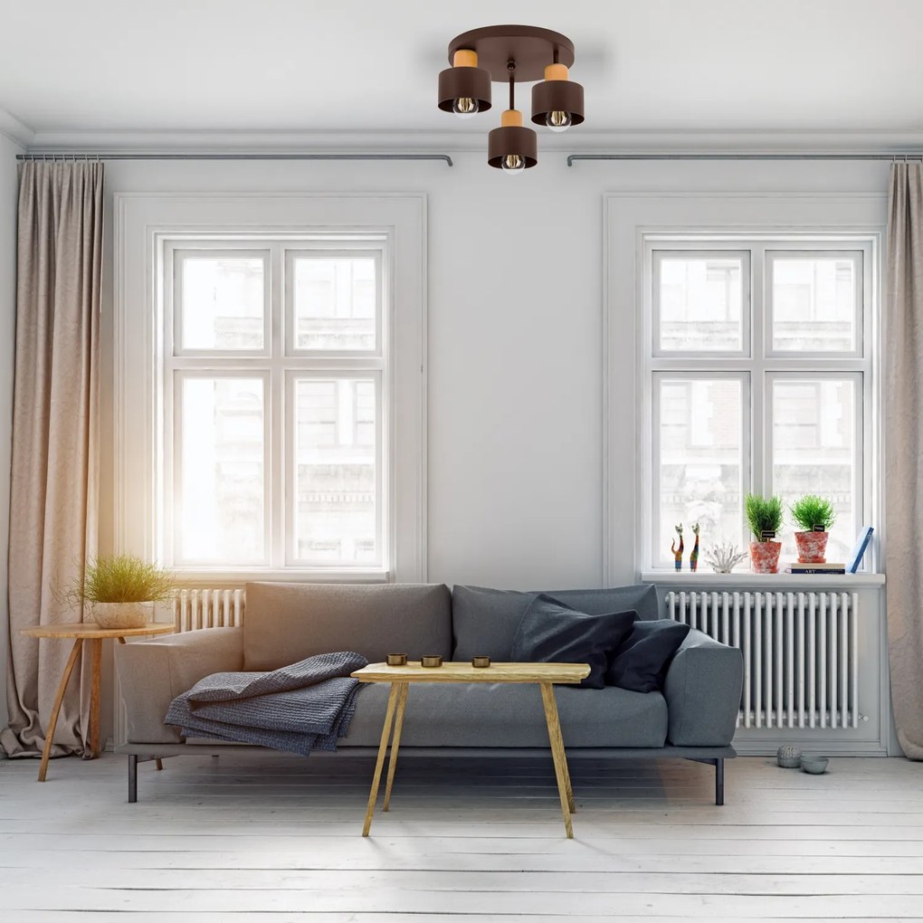 Brązowa lampa sufitowa, trzypunktowy spot DBU3030BR z drewna i metalu