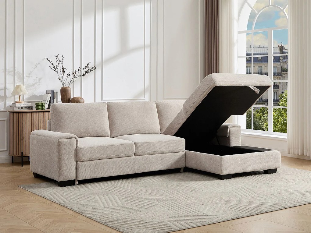 Kanapa narożna rozkładana z teksturowanej tkaniny w kolorze beżowym EMBAPO