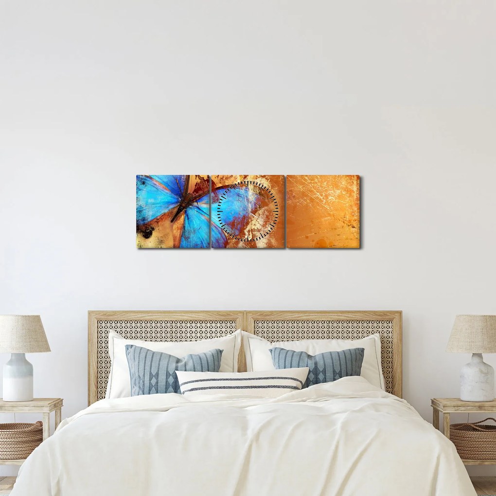 Obraz - Niebieski motyl (z zegarem) (90x30 cm)