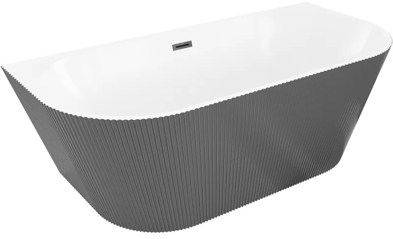 Mexen Oris wanna wolnostojąca przyścienna ryflowana 150 x 75 cm, biała/szara, przelew czarny - 52871507562-70