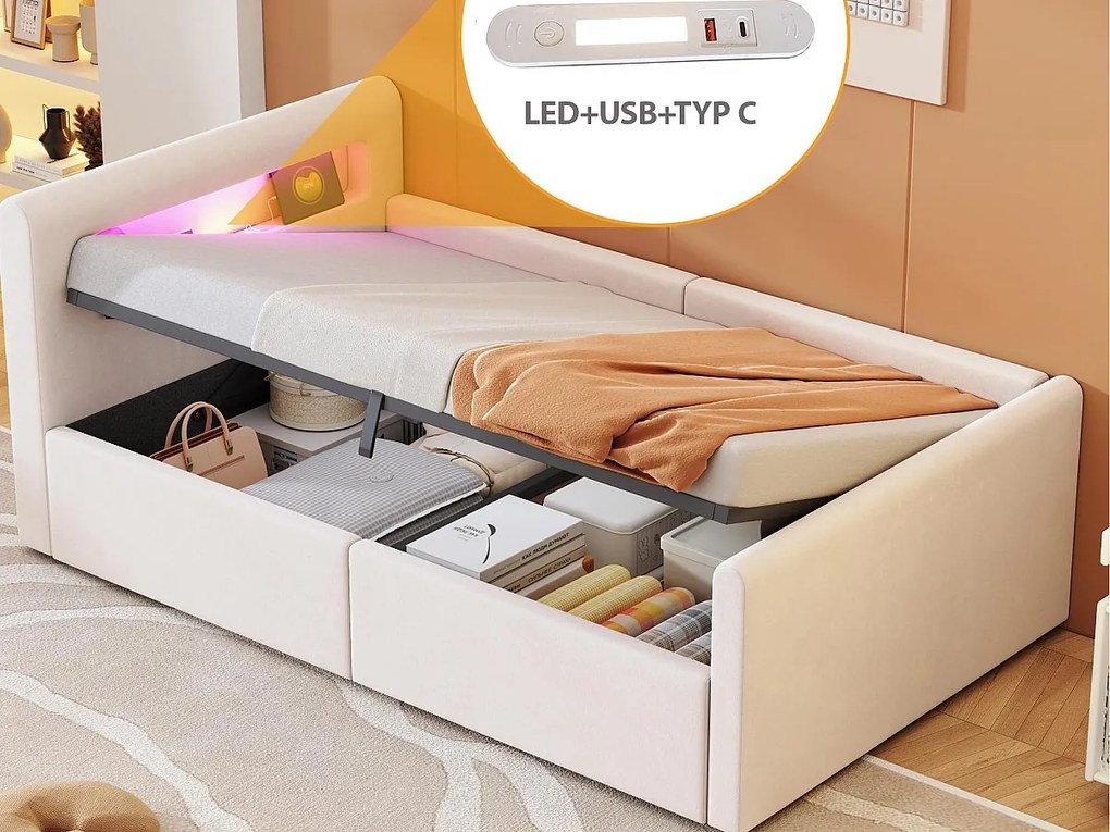 Łóżko z pojemnikiem 90×200 cm - z oświetleniem LED - z portem USB do ładowania - z półkami - aksamit - beżowe (materac nie jest dołączony)