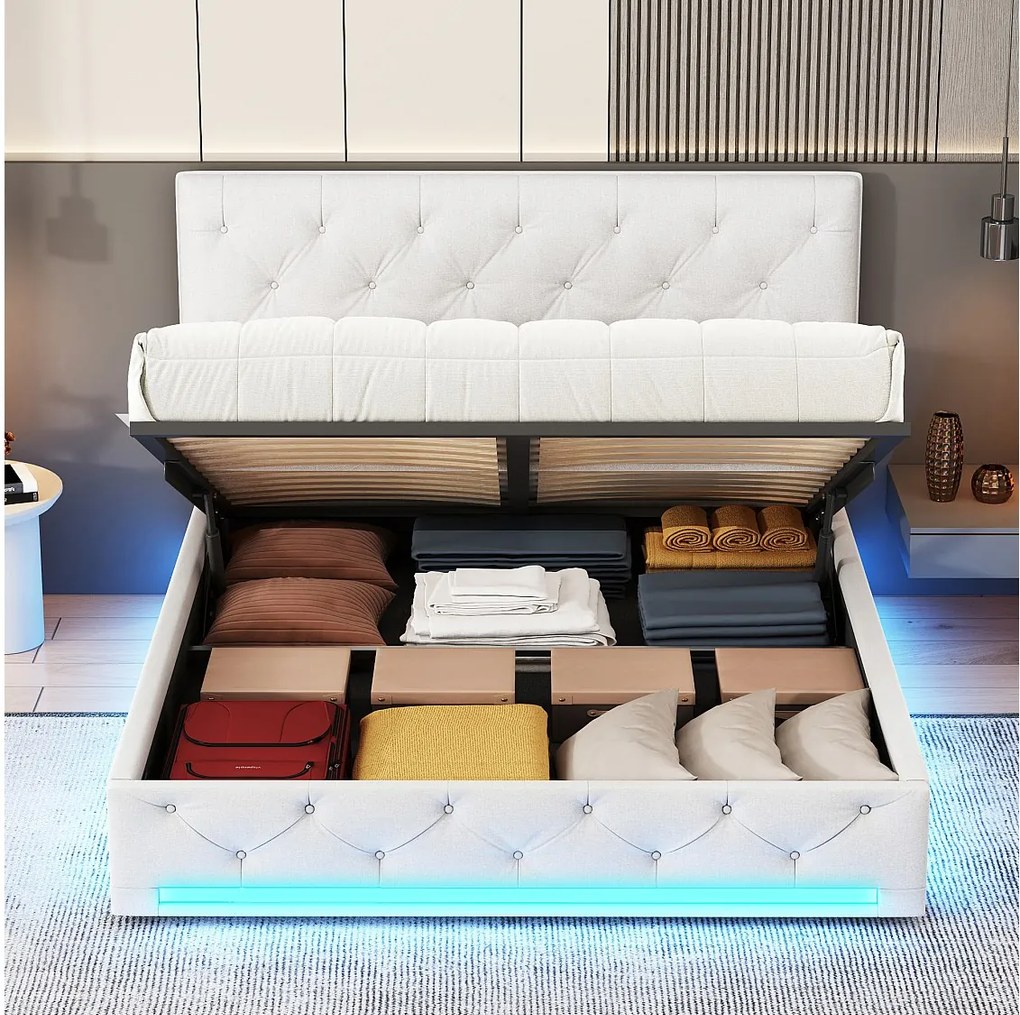 Beżowe tapicerowane łóżko podwójne 160x200 cm z hydraulicznym schowkiem, regulowanymi LED RGB i regulowanym zagłówkiem