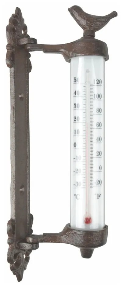 Żeliwny termometr ścienny z ptaszkiem Esschert Design Dekor Bird, wys. 27,3 cm