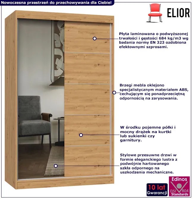 Szafa dwudrzwiowa przesuwna z lustrem 120 cm dąb artisan - Stoflis 10X