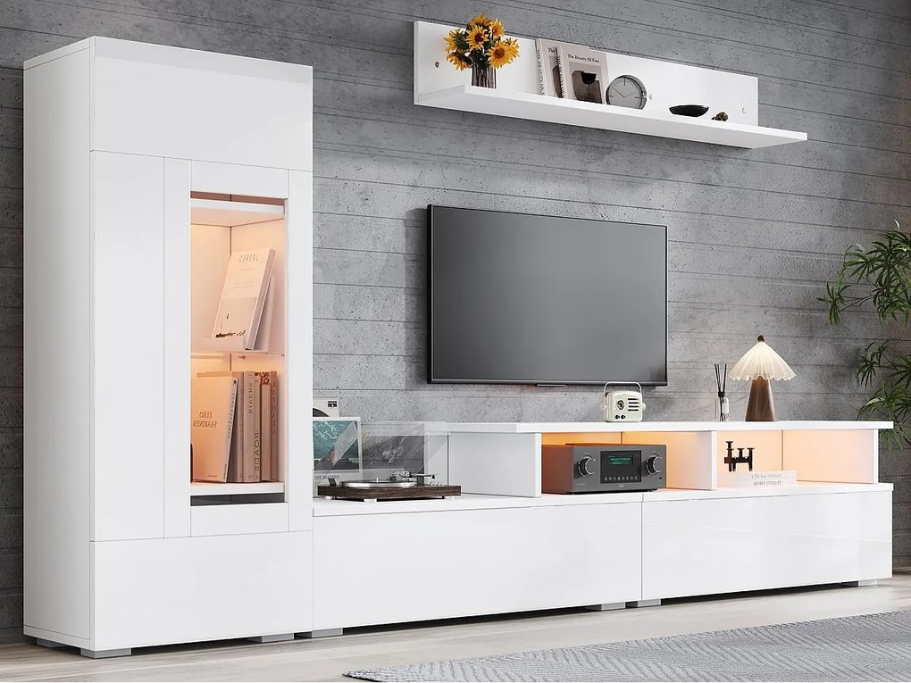 Zestaw mebli TV 3 części - meble TV + witryna + półka ścienna - z oświetleniem LED - wykończenie lakierowane błyszczące - biały