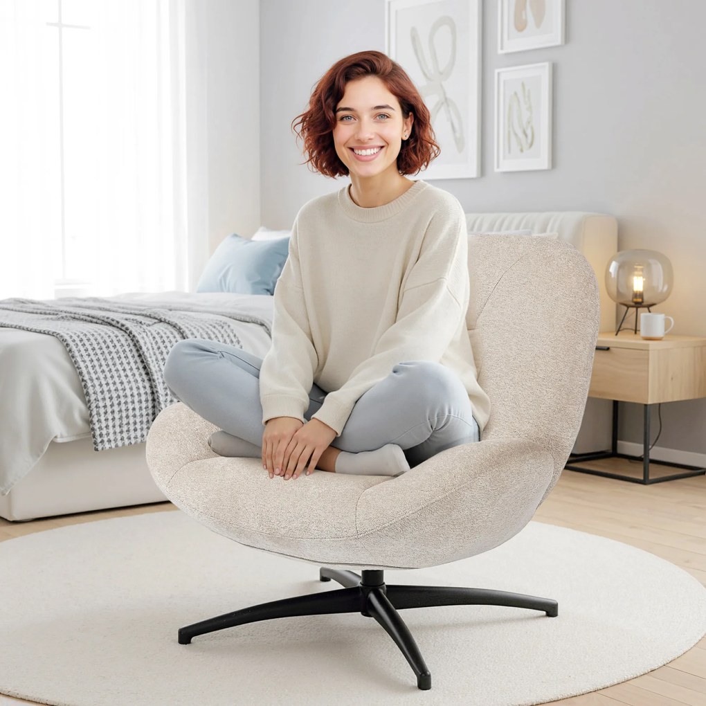 HOMCOM Obrotowy fotel tapicerowany, fotel akcentowy z wypełnieniem z waty PP, obicie z tkaniny, stalowa baza, kremowo-biały