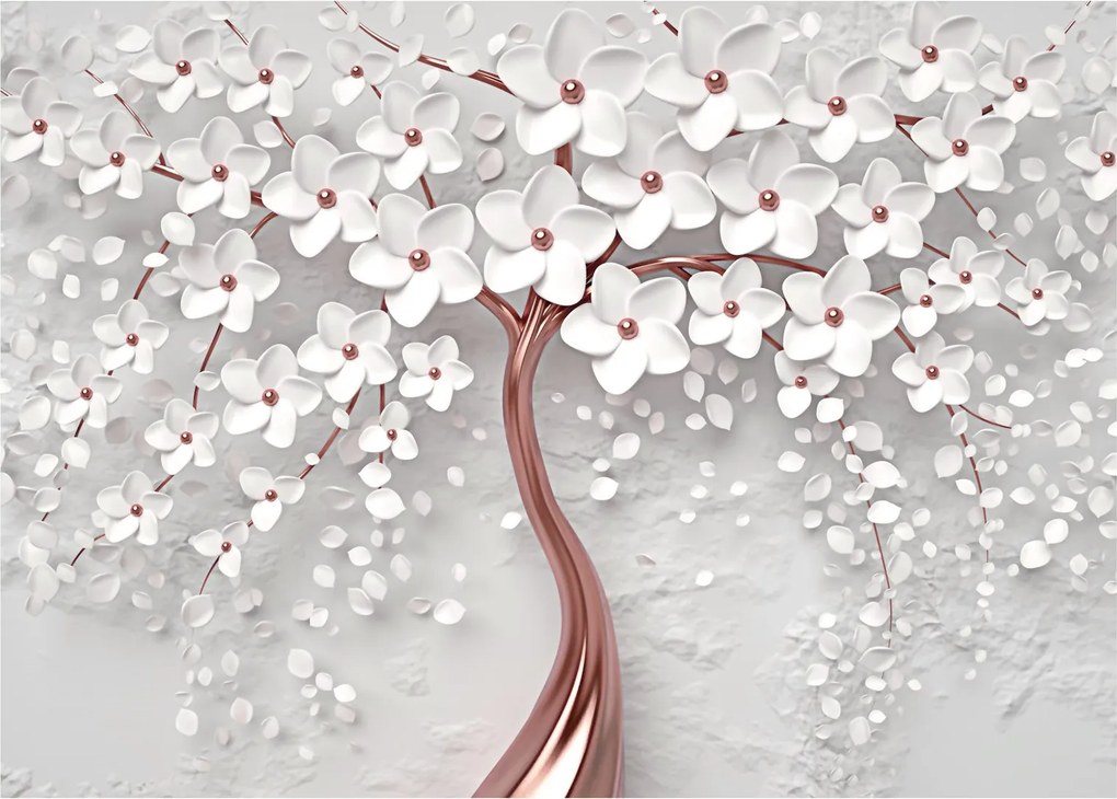 Obraz na szkle - Obraz na szkle białego drzewa z kwiatami, rosegold (70x50 cm)