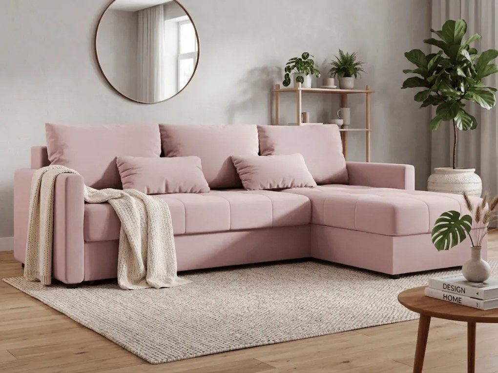Rozkładana narożna sofa VENORIA 220x143 cm, pudroworóżowa, uniwersalna + 2 poduszki GRATIS