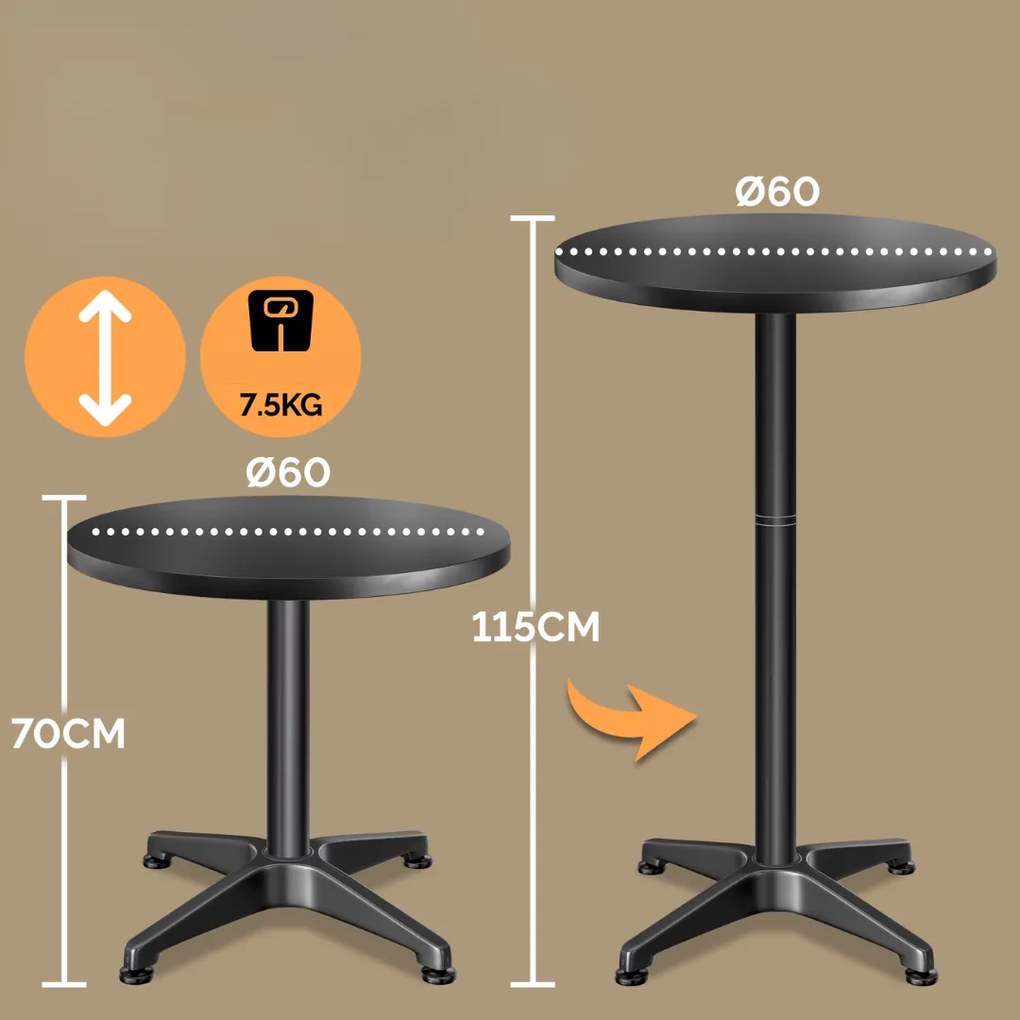 Regulowany aluminiowy stół barowy NERO, Ø60 cm, czarny Casaria