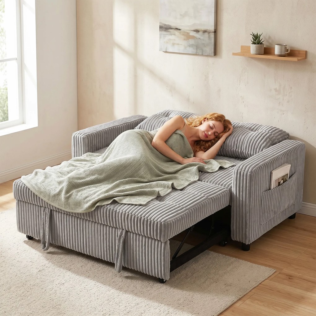HOMCOM 2-osobowe łóżko-sofa, pokrycie sztruksowe, przekształcalne w sofę rozkładaną, 2 poduszki, kieszenie boczne, 157 x 190 cm, Jasnoszary | Aosom PL