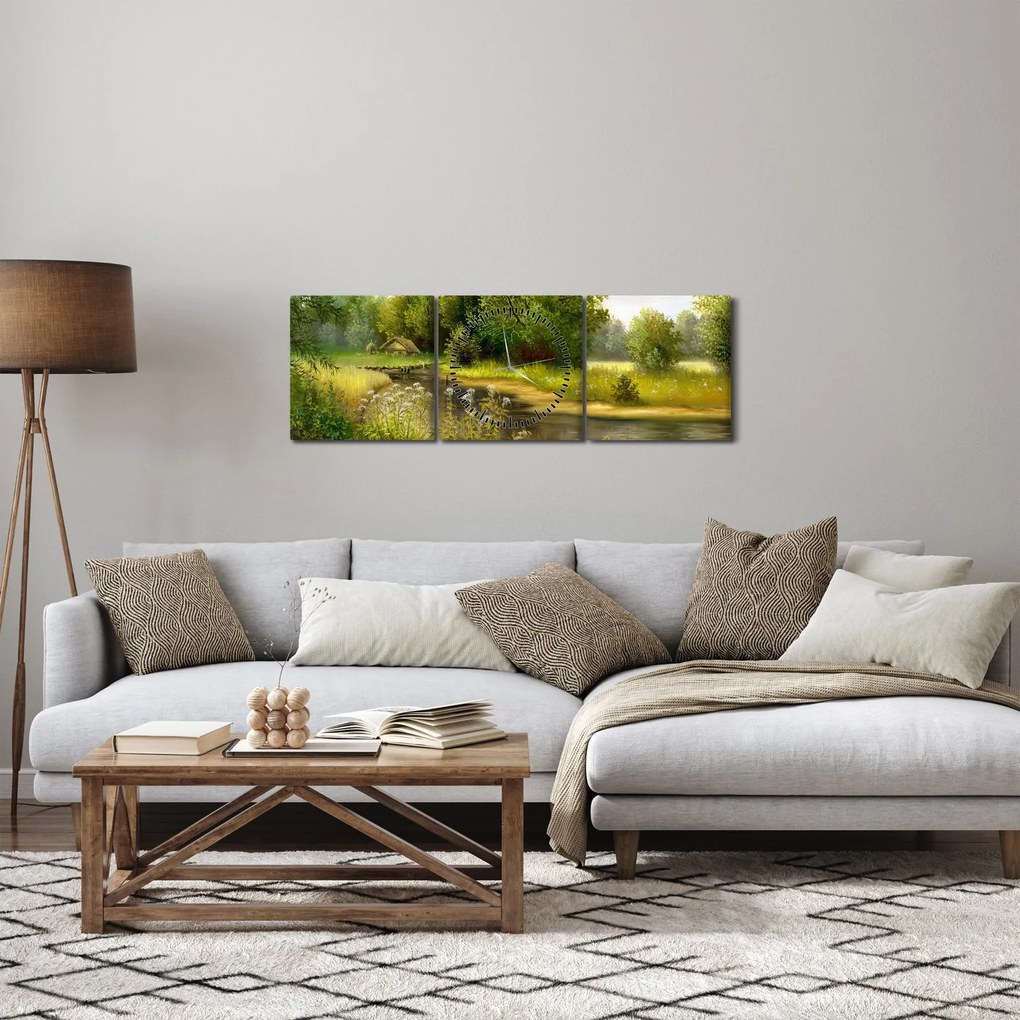Obraz - Rzeka przy lesie, obraz olejny (z zegarem) (90x30 cm)