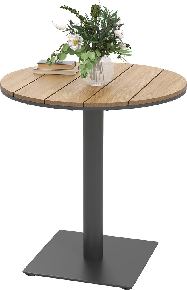 Outsunny Stół Ogrodowy Ø70 cm, Odporny na Warunki Atmosferyczne, Okrągły Balkonowy z Lamelami, Stalowy Ø70 x 74H cm, Drewno Naturalne