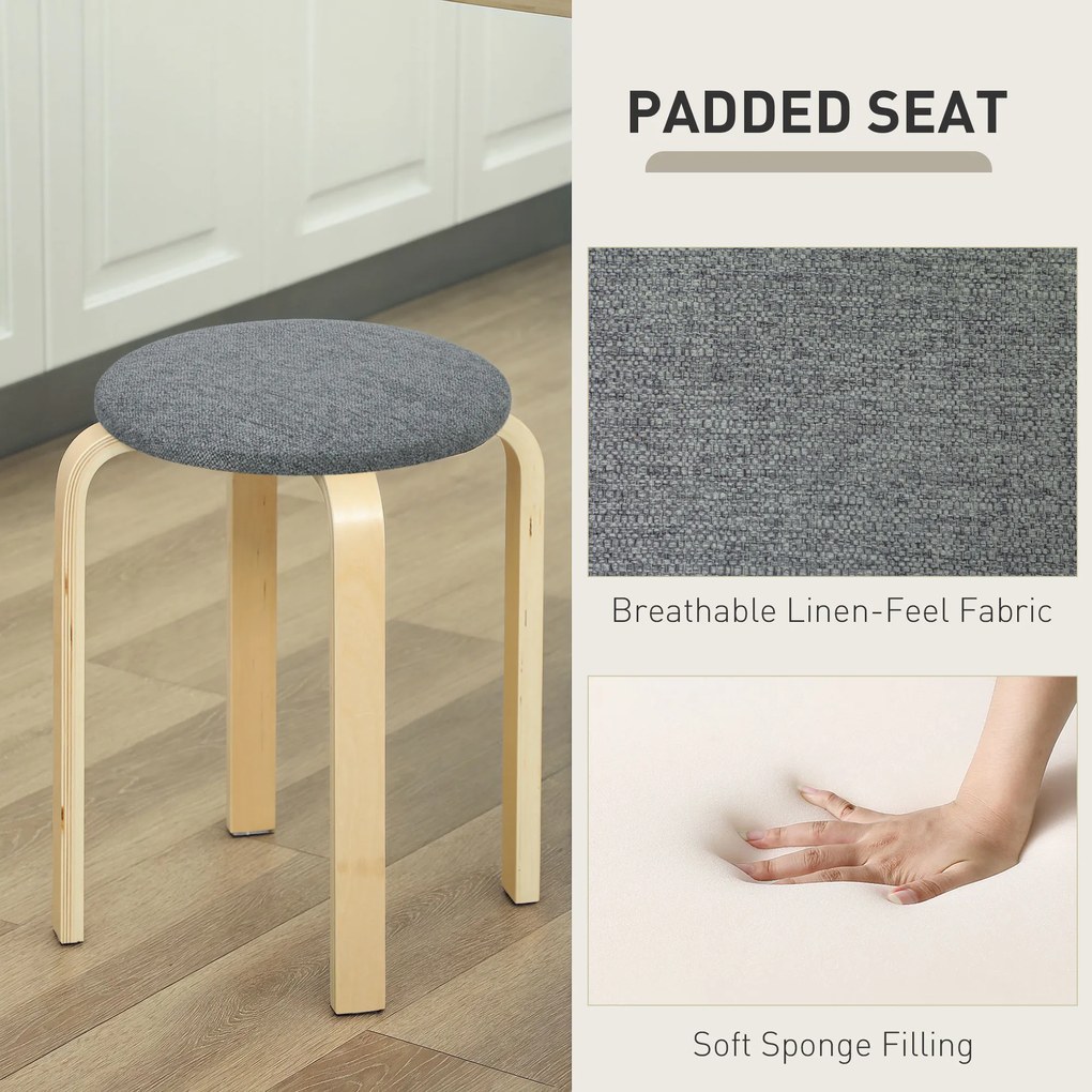 HOMCOM Stołki tapicerowane w zestawie 4 sztuki, stosowalne, z lakierowaną powierzchnią i drewnianymi nogami, Szare