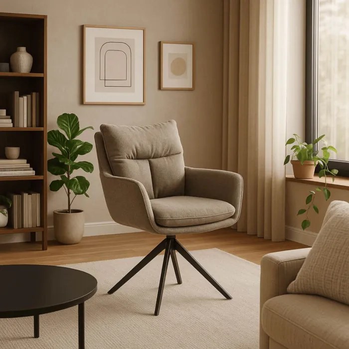 Krzesło Tapicerowane Obrotowe do Salonu PAUL Jasnobrązowe Nowoczesne