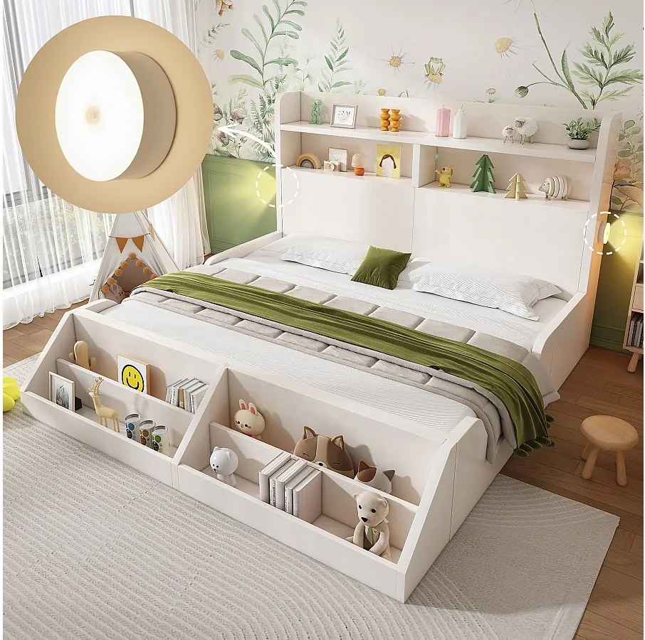 Łóżko dziecięce - 140 x 200 cm - z zagłówkiem ze schowkiem + wyjmowaną półką + stelażem - drewno - białe