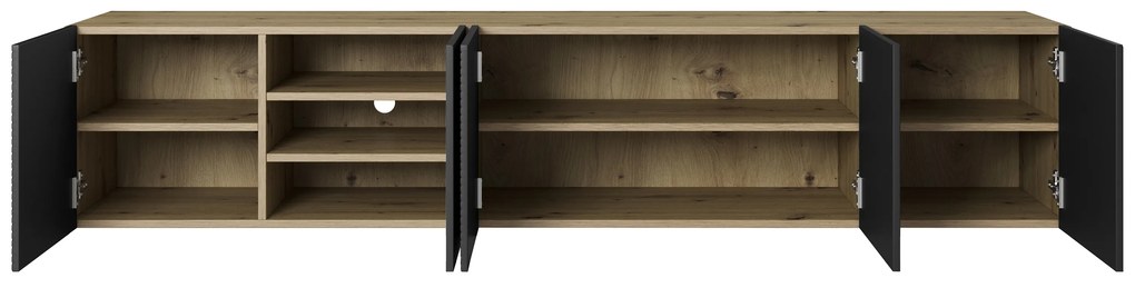 Szafka RTV wisząca Asha 200 cm z ryflowanym frontem - artisan / czarny mat