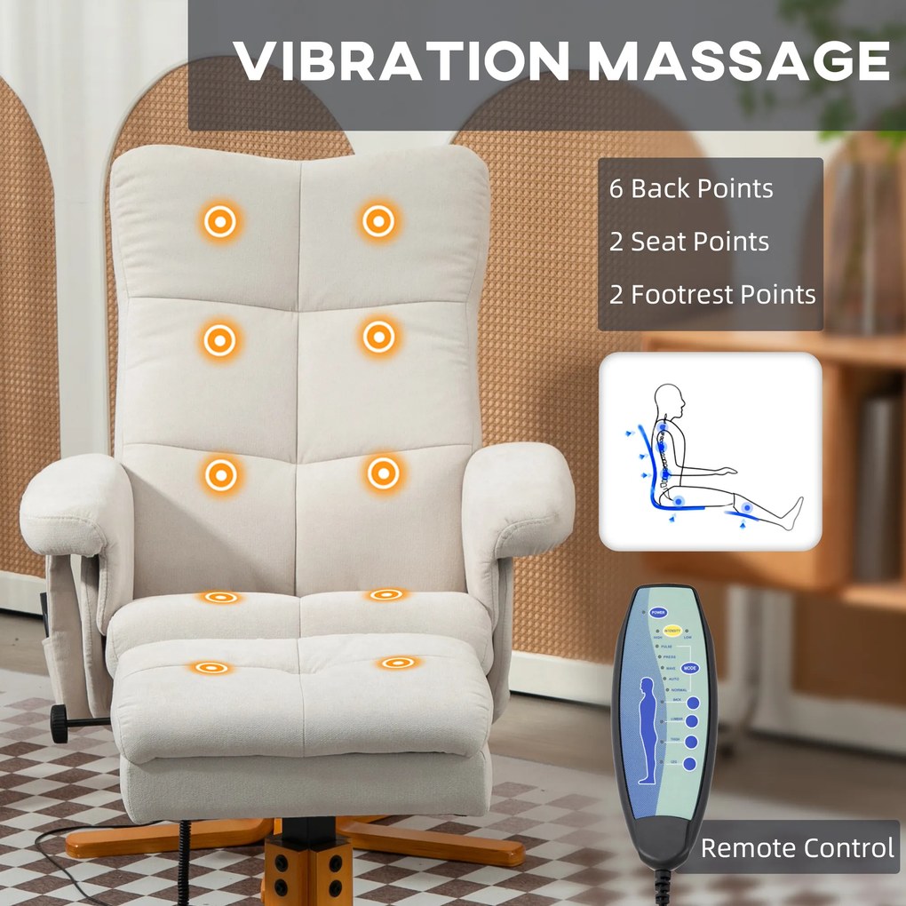 HOMCOM Fotel masujący z funkcją leżenia i podnóżkiem, nachylenie do 145°, Poliester, 80 x 86 x 99 cm, Kremowy