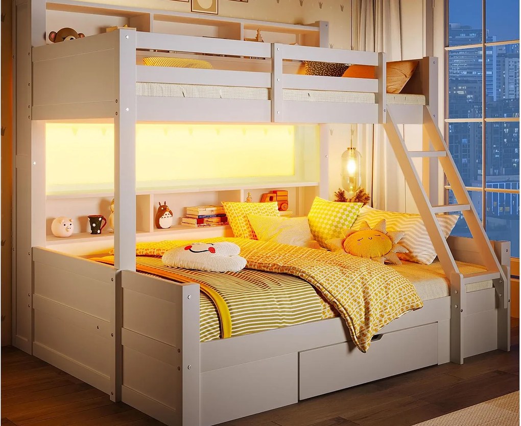 Łóżko piętrowe 90x200cm + 140x200cm - z drabinką i barierką zabezpieczającą - 1 szuflada - oświetlenie LED - ​​biały​​ (materac nie jest wliczony w cenę)