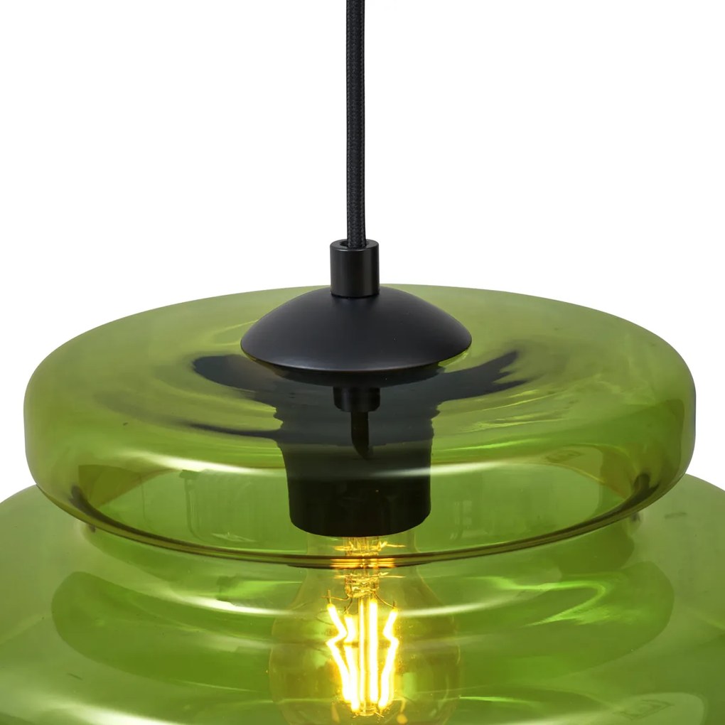 Retro Lampa Wisząca Czarna z Zielonym Szkłem 3-punktowa - Denise Retro Oswietlenie wewnetrzne