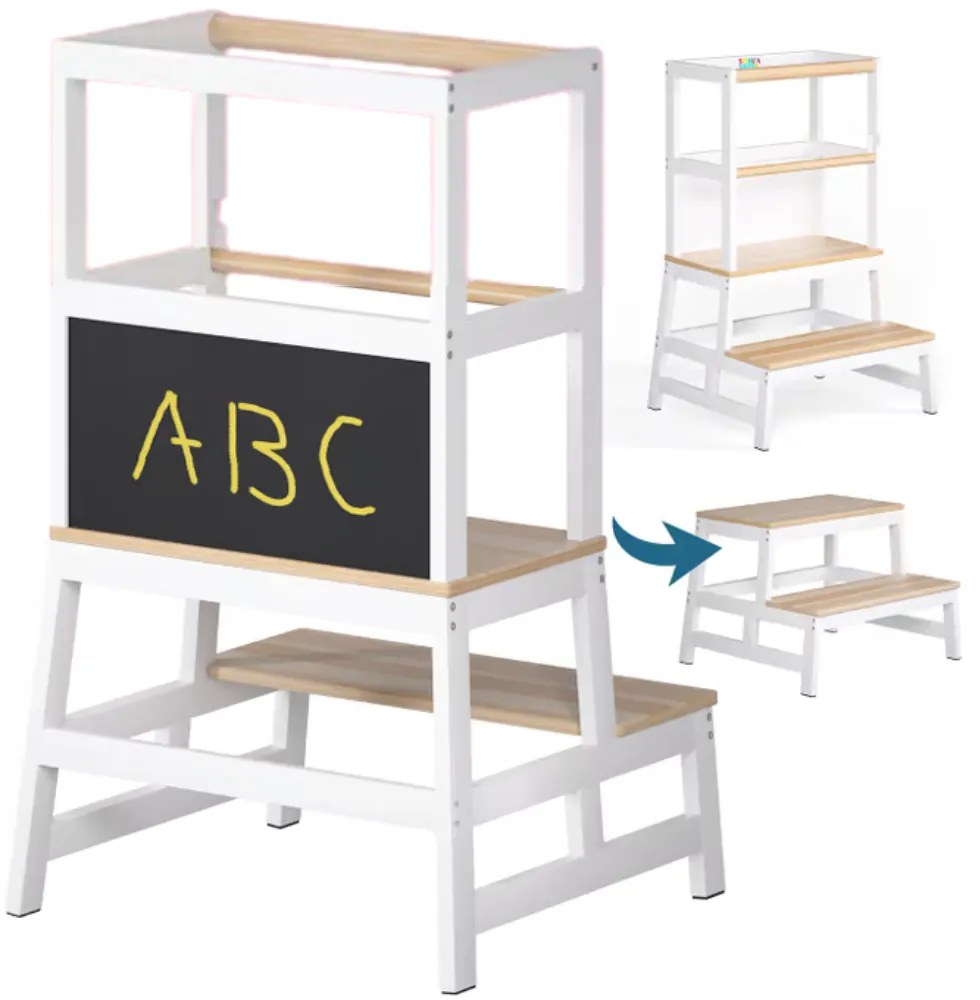 Wieża edukacyjna PLAY z drewna sosnowego, 93x56x49, biała/naturalny brąz Spielwerk