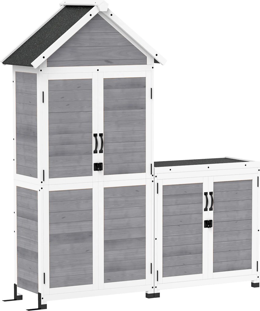 Outsunny Schowek ogrodowy z dodatkową szafką, regulowane półki, zamknięte na klucz drzwi, wodoodporny, z drewna sosnowego, Jasnoszary