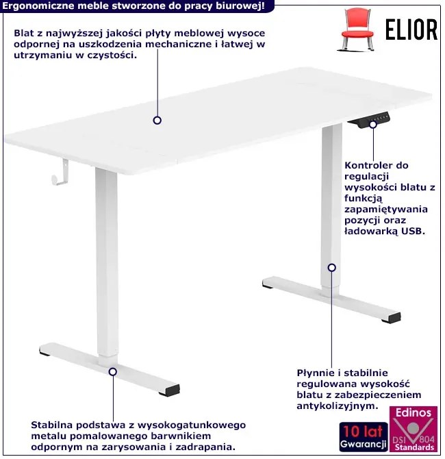 Białe biurko elektryczne do pracy na stojąco 140x60 - Evron 5X