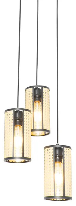 Orientalna lampa wisząca czarna z rattanu 3-światłowa okrągła - Akira Retro Oswietlenie wewnetrzne